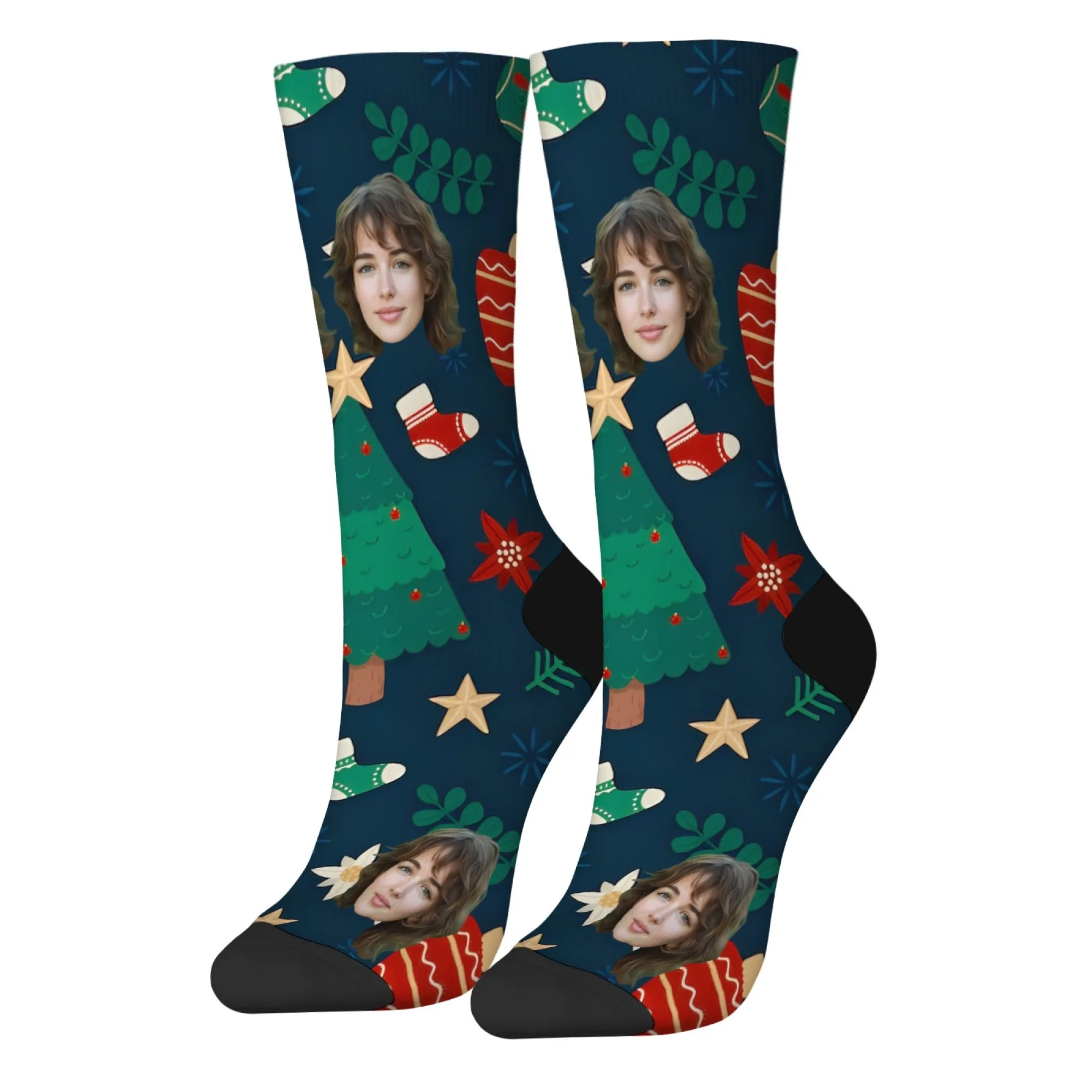 Personalized Christmas Gift Socks Custom Face & Christmas Elements Tree Socks Ornaments on Dark Blue Unique Present for Family