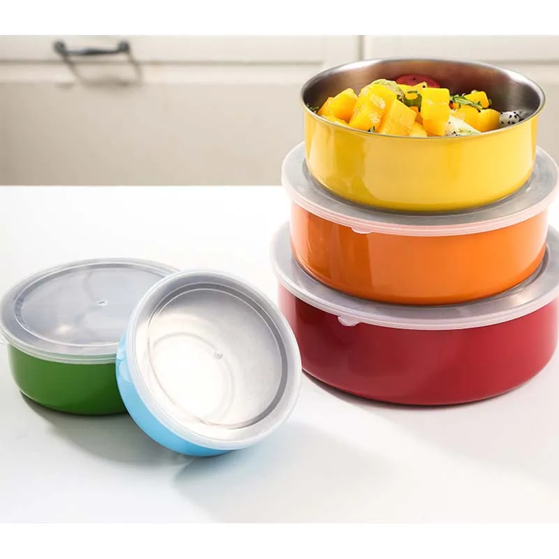 5 in 1 Stainless steel fresh-keeping box five piece set, kitchen refrigerator fresh-keeping storage can, round with lid