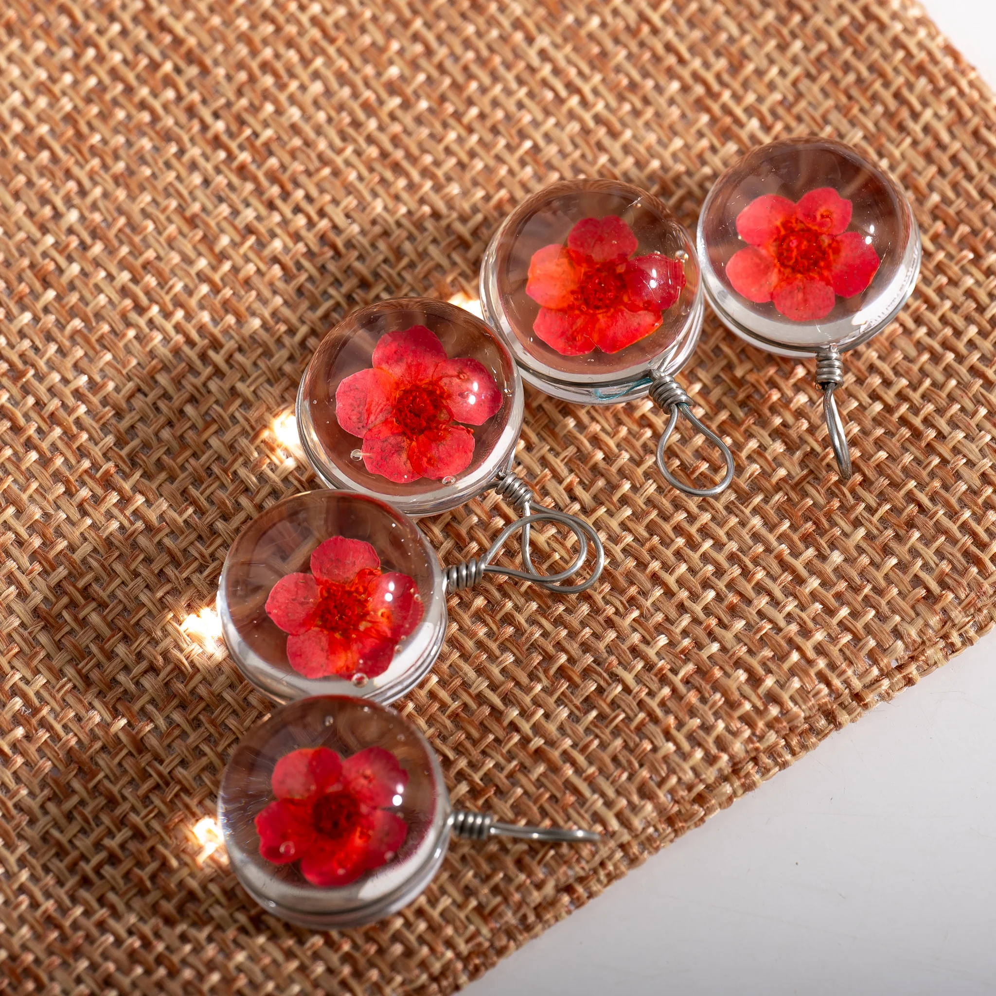 Half Dome Glass Ceramic Beads with Embedded Red Flowers, Handmade Vintage Spacer Beads for DIY Jewelry Necklace Bracelet Earring