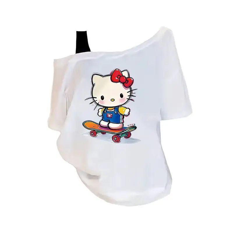 Hello Kitty Off Shoulder T Shirt Women Short Sleeve Loose Soft Cotton Y2K Cute Cartoon Print Casual Streetwear Slant Neck Tops view 3