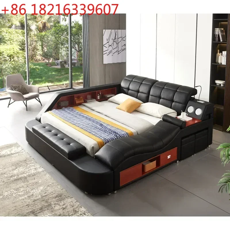 TAO Black Queen Size Multifunctional Upholstered Storage Bed Frame, Massage Chaise Lounge on Right,for livingroom,bedroom furnit