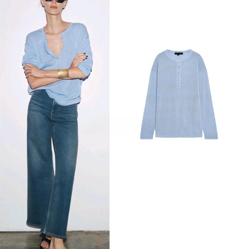 

Новый летний женский простой вязаный свитер с круглым вырезом, на пуговицах, с длинными рукавами, свободного кроя, из полиэфирного волокна, для повседневной носки