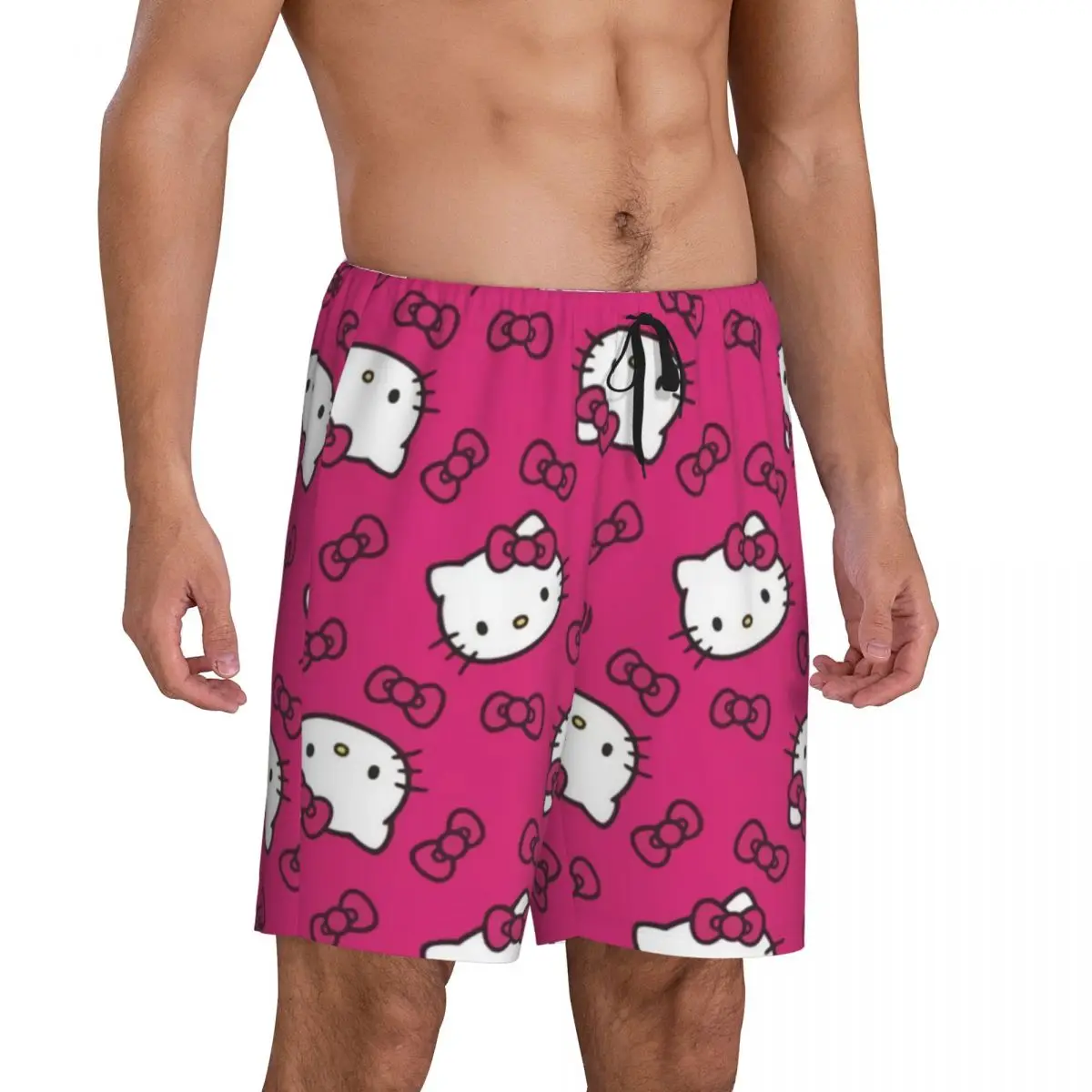 Aangepaste Roze Strik Geanimeerde Anime Hello Kitty Pyjama Broek Mannen Lounge Slaap Short Stretch Nachtkleding Pjs Met Zakken