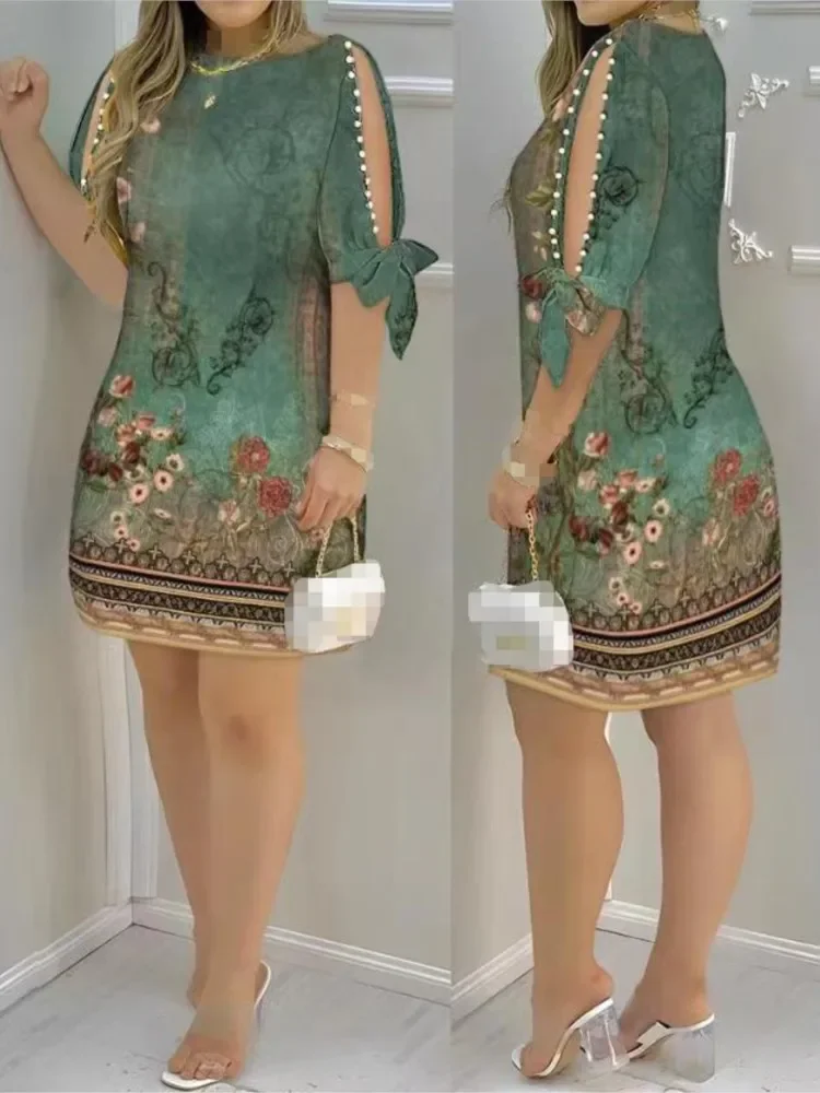 Frauen Floral Print Split Ärmeln Perlen Dekor Mini Kleid Neue Frühling Sommer Halbarm Kurze Beiläufige Lose Kleider Femme Robe