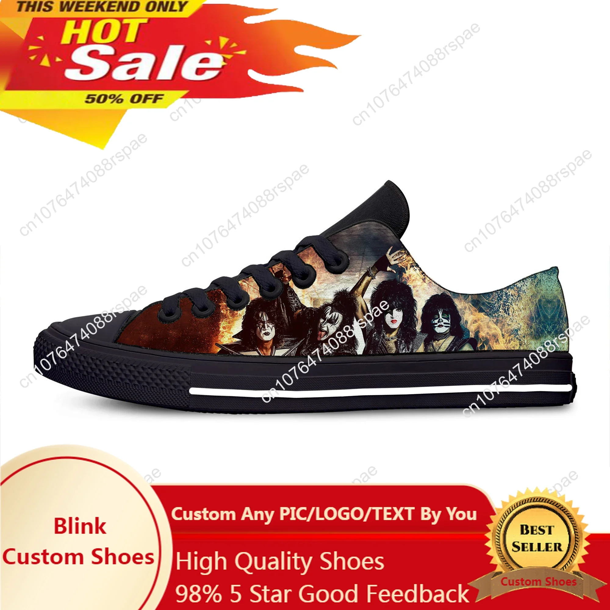 Rock Band Kiss Heavy Metal Fashion Sneakers para homens e mulheres, sapatos de pano casuais engraçados, top baixo, respirável, leve, impressão 3D, quente