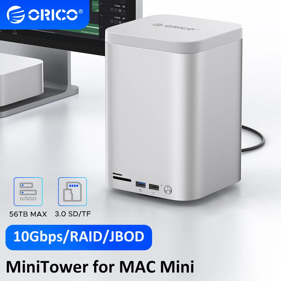 ORICO Mini Tower Dock M.2 NVMe SATA SSD Корпус 3,5-дюймовый HDD-концентратор USB 3.2 Док-станция 10 Гбит/с DAS с RAID для Mac Mini M4