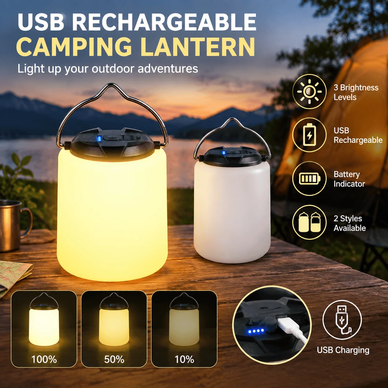 Outdoor LED Camping Light 3 Speed Brightness Adjustment USB Rechargeable Super Bright Emergency Canopy Lighting Portable Camping Gear for Camping and Power Outage Outdoor Activities