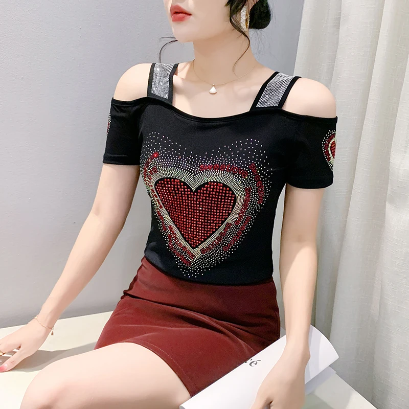 M-3XL High Quality Short Sleeve Clothes Summer New Sexy Off Shoulder Women Mesh Tees Tops Hot Diamonds T-shirt Bluses