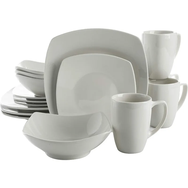 

Buffet Porcelain Chip and Scratch Resistant Dinnerware Set, Service for 4 (16pcs), White (Square)