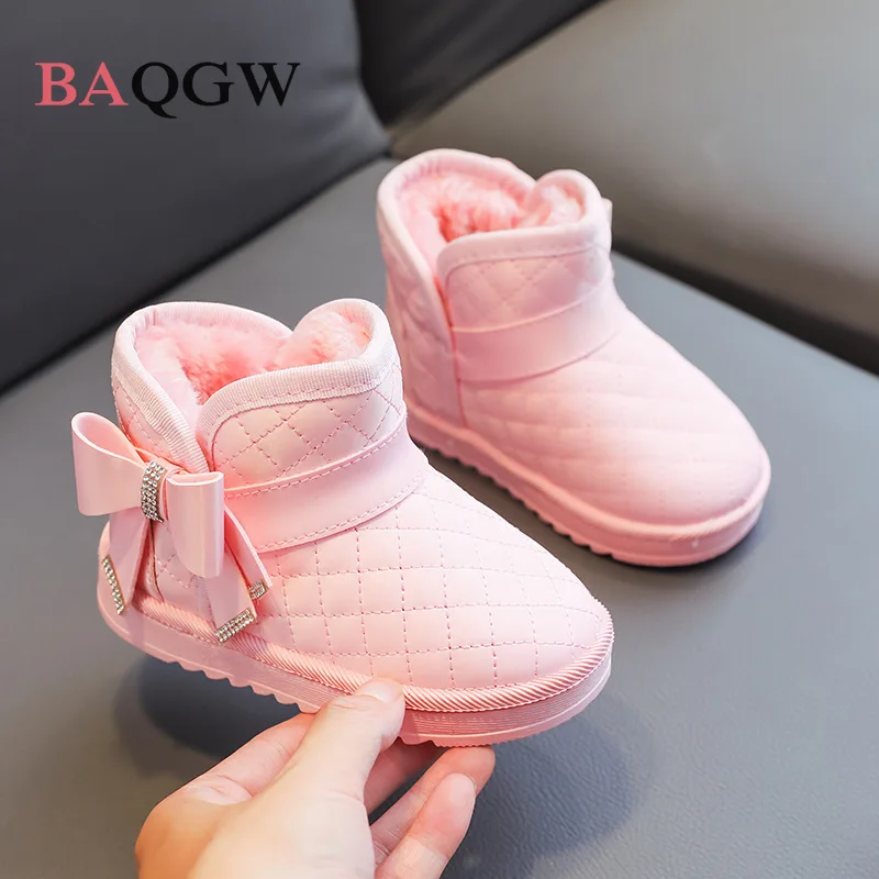 Winter Big Children Girl Crystal Bowknot Snow Boots Thickened Warm Comfortable White Boots Baby Kids NON-SLIP Plush Cotton Shoes