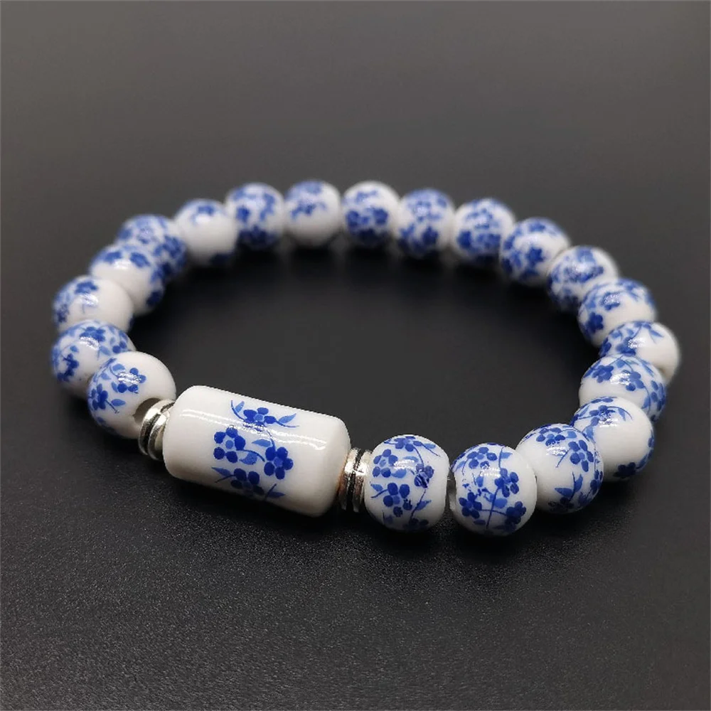 Blue and White Porcelain Stretch Bead Bracelet for 8MM Ceramic Sunflower Plum Blossom Bead Bracelet Collect Jewelry Gifts