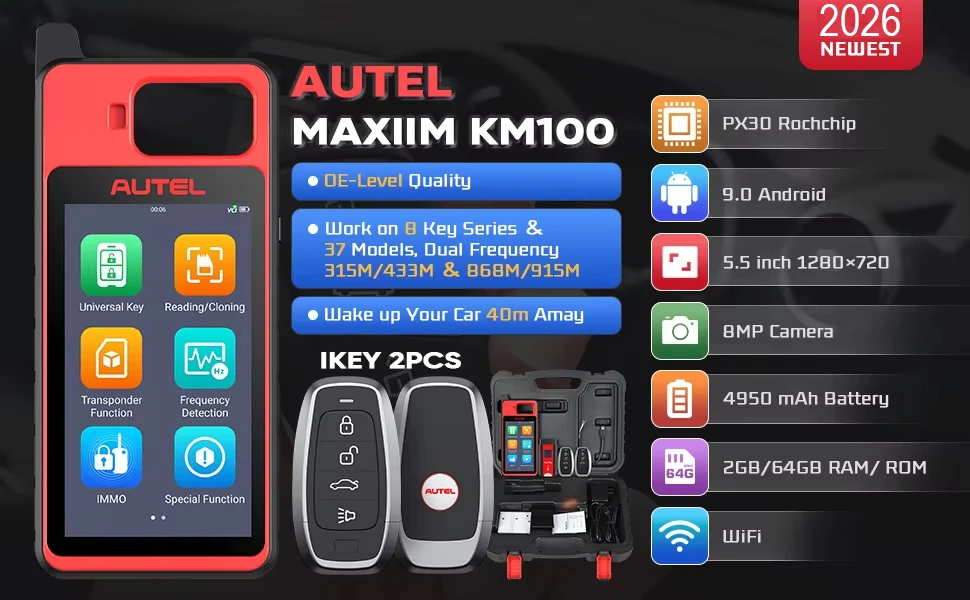 Autel MaxiIM KM100 KM100E KM100X Key Fob Programmer IMMO Tool 60s Universal Key Generation OBD Key Learning for 90% Cars Chip Read/Write/Clone 2 IKEY