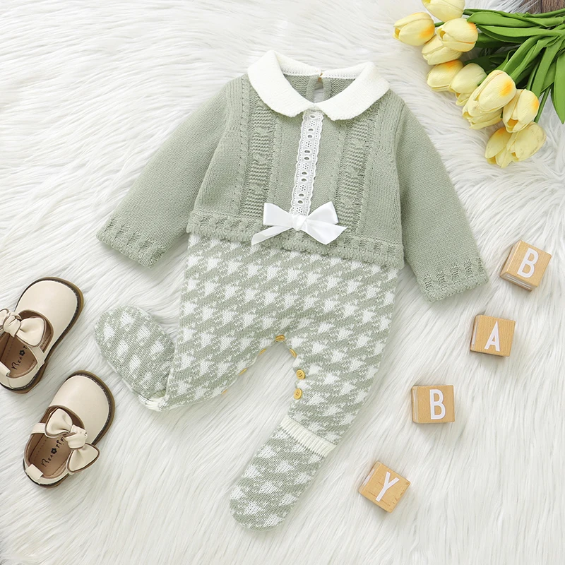 

Newborn Baby Romper Knitted Infant Boys Girls Jumpsuit Long Sleeve Autumn Toddler Clothing 0-9M Overalls Fashion Plaid Foot Warp