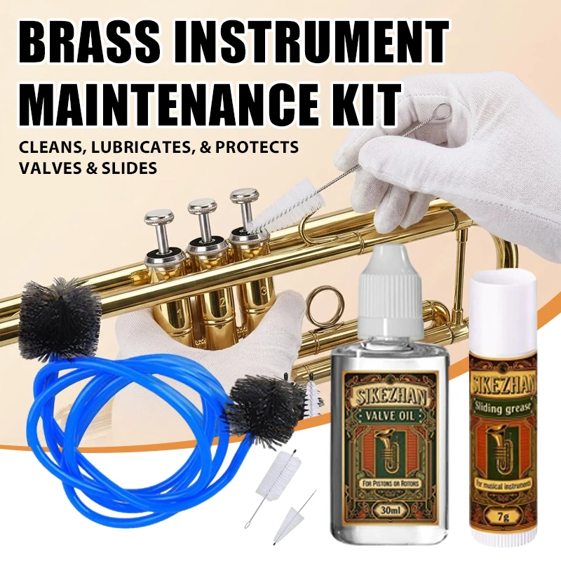 Complete Brass Instrument Maintenance Kit Valve Oil Sliding Grease and Flexible Brush Set for Trumpet and Tuba Care - SIKEZHAN