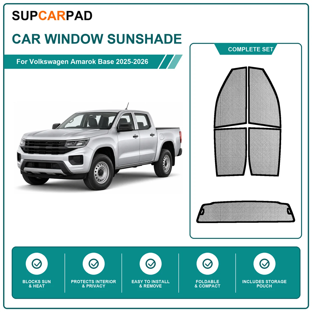 For Volkswagen Amarok Base 2025-2026 Full Set Car Window Sunshades UV Block Privacy Heat Insulated Foldable Car Curtain