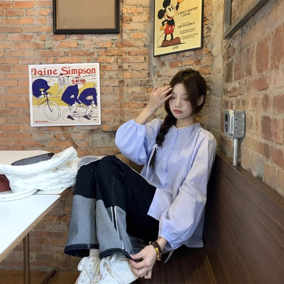 

Long-sleeved Blouse Top New French Chic Round Neck Pearl Button Single-breasted Striped