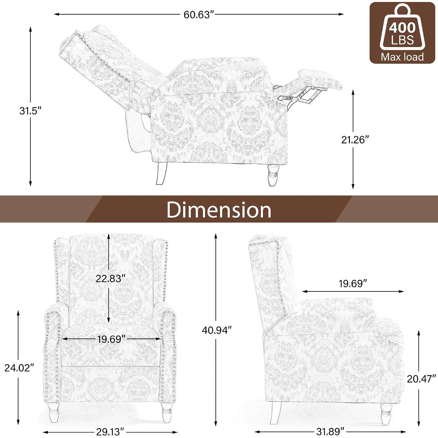 Floral Pushback Recliner Chair Fabric Upholstered Rivet Trim Living Room Home Theater Club Chair, Customized