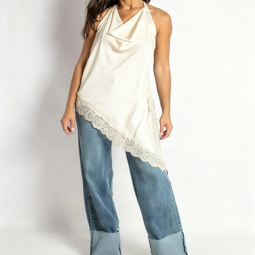 

Women y2k Coquette Satin Halter Neck Tops Lace Trim Asymmetric Hem Sleeveless Backless Tanks Top Casual Going Out Vest Shirts