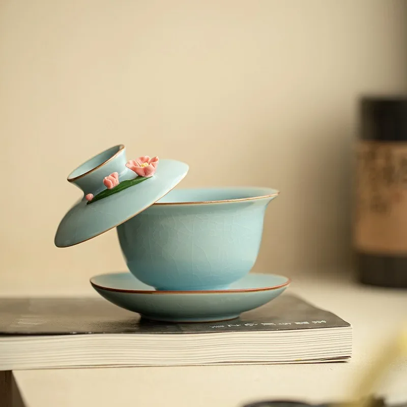 135ML Ru Kiln Cover Bowl Hand-pinched Flower Tea Bowl High-end Ceramic Tea Bowl Kung Fu TeaSet Is Not Hot TeaSet Craft Ornaments