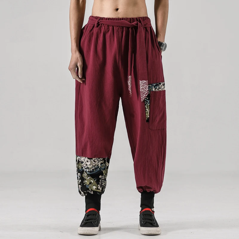 Pants Men Japanese Samurai Costume Ukiyo-e Print Belt Harem Pants Men's Cotton Linen Casual Harajuku Trousers Mens Plus Size 5XL