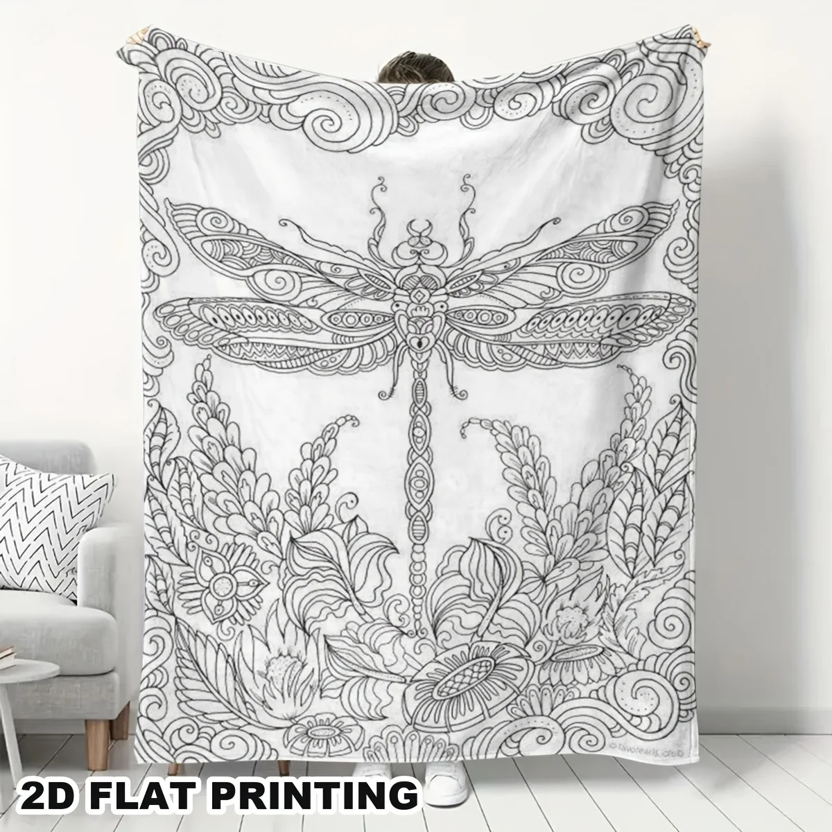 Boho Dragonfly Mandala Throw Blanket Polyester Fleece Art Print Floral Nature Line Sketch Aesthetic Cozy Couch Decor Gift