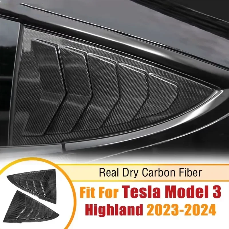2pcs Car Carbon Fiber Accessories For Tesla Model 3 Highland 2024 Car Rear Window C Pillar Triangle Louvers Shutter Cover Trim