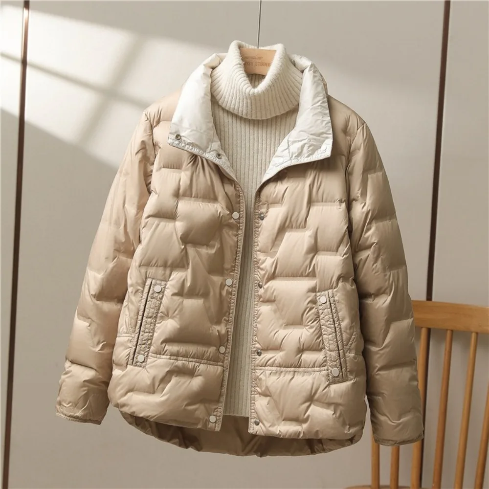 Frauen Herbst Winter Weiße Ente Unten Mantel Casual Revers Einreiher Jacke Mode Licht Puffer Parka Outwear