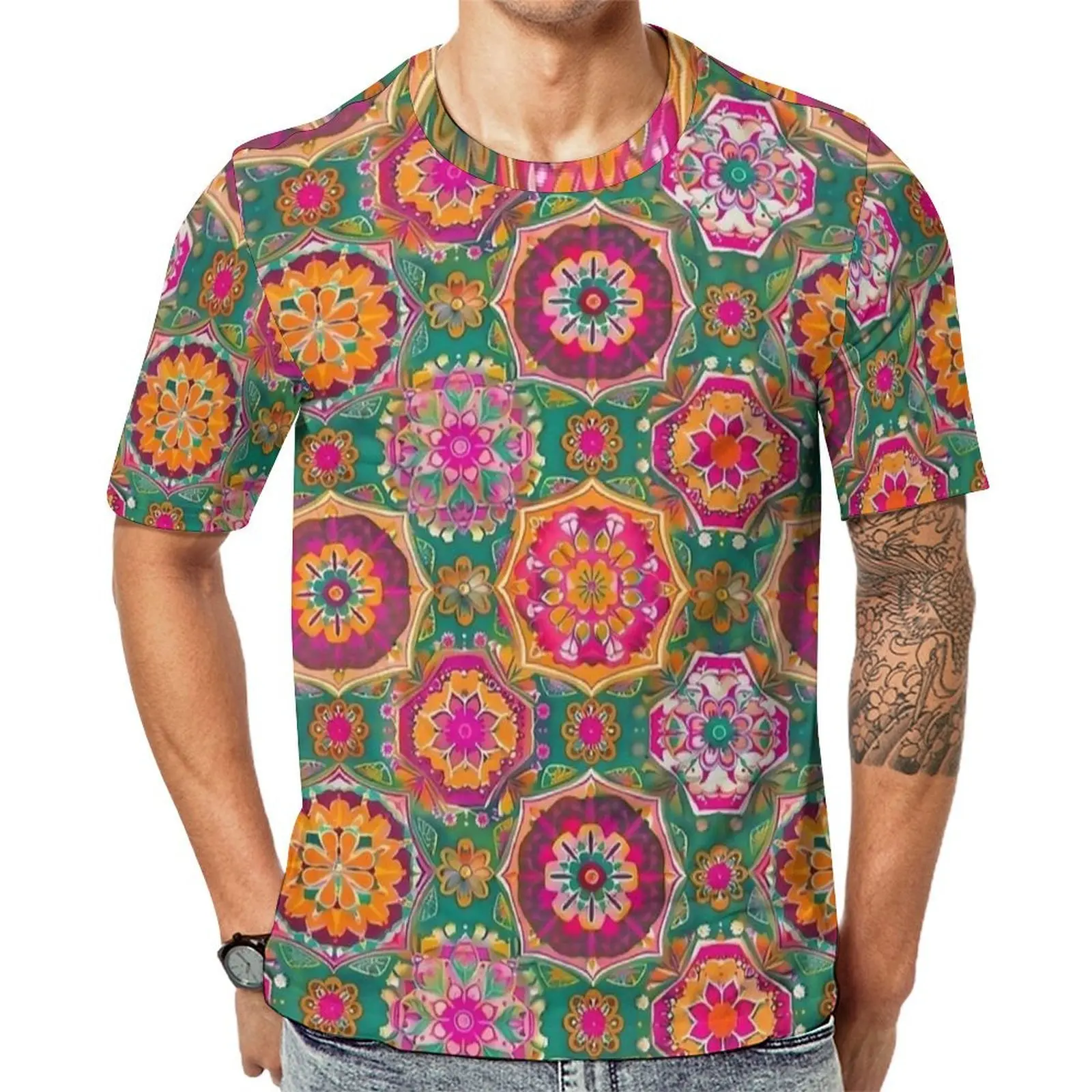 Oversized T Shirt Summer Teal Bohemian Octagon Mandala Print T Shirts  Y2K Fun O-Neck Tshirt Men Trending Graphic Top Tees