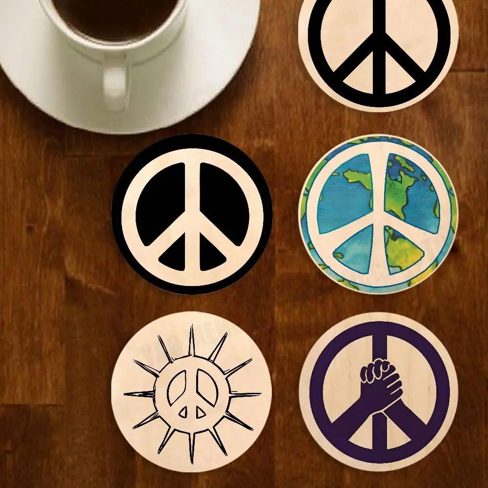 World Peace Logo PAZ Wood Coaster Mug Tea Coffee Cup Pad Heat Resistant Placemats Tableware Decor