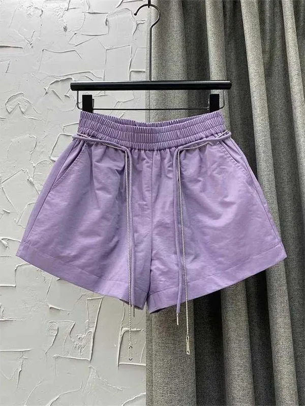 Outlet Summer New Simple Match Elastic Waist Casual Shorts Purple Wide Leg Hot Pants Trendy High Waist Polyester Fiber Shorts