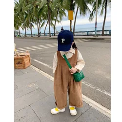 2022 Spring Strap Long Pants Autumn Loose Casual Pants Girls Baby Wide Leg Pants Retro CoffeeColor Corduroy Overalls Fashion