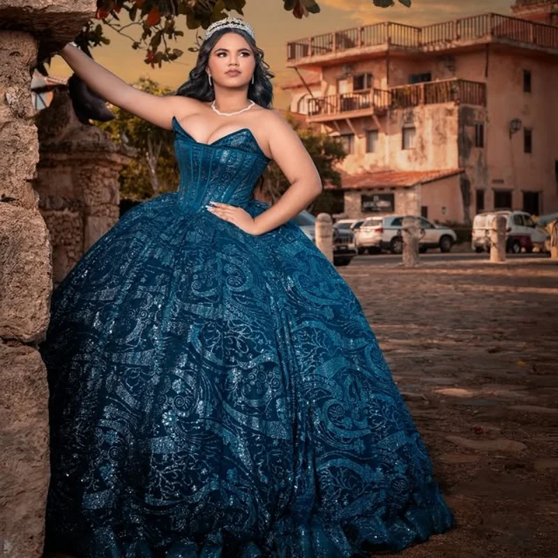 

Блестящее синее платье Quinceanera с павлином, кружевное многослойное тюлевое блестящее платье с длинным хвостом, платья de 15, Quinceanera ﻿ Индивидуальный