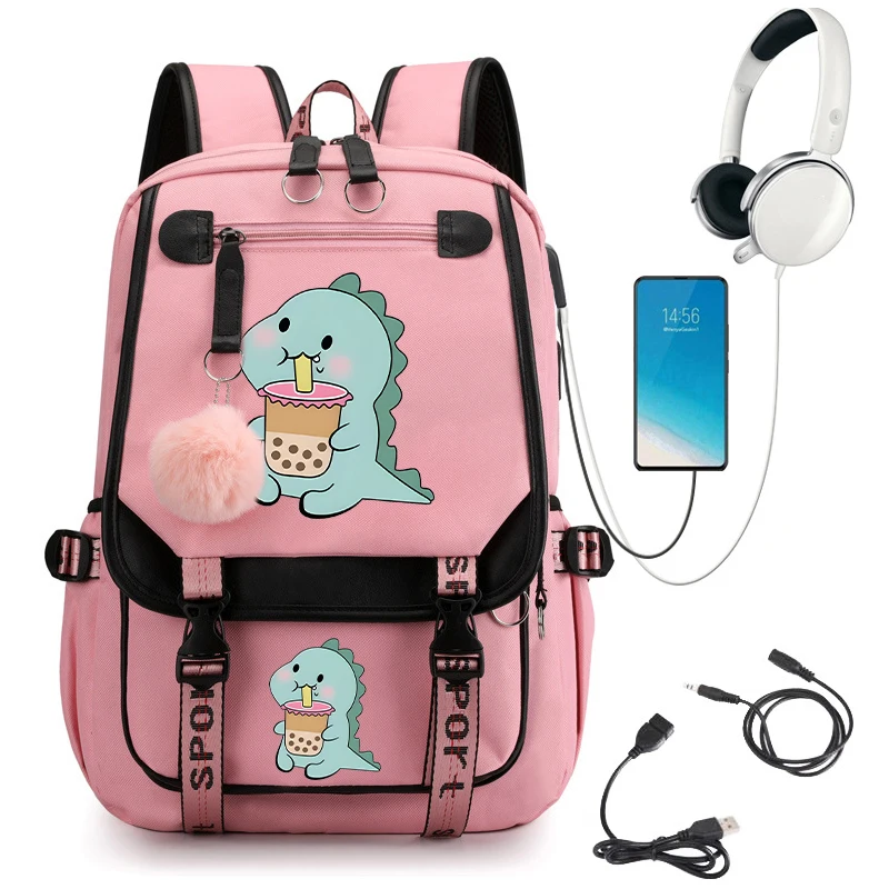 Mochila escolar Kawaii para adolescentes, mochila de dibujos animados de Anime, dinosaurio y té de leche, mochila escolar de regreso a la escuela