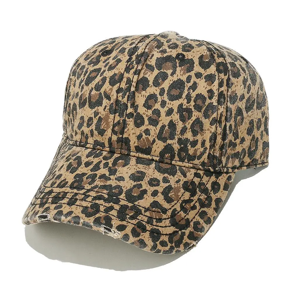 Retro water-washed style with bold leopard print and holey baseball cap suitable for workwear, music festival, and cycling.