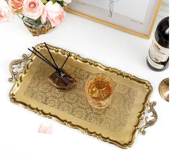Brass retro carved tray European-style French snacks dried fruit tea tray aromatherapy plate ornaments