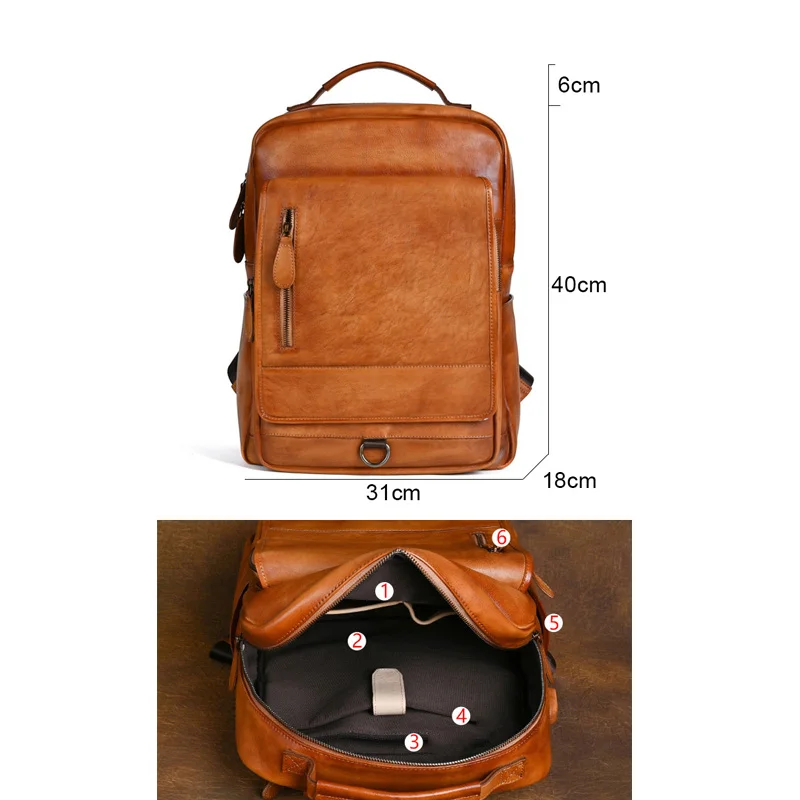 Handmade Genuine Leather Men Backpack Business Male 15.6 inch Laptop Bag Daypacks Large Capacity Travel Bags College School Bag