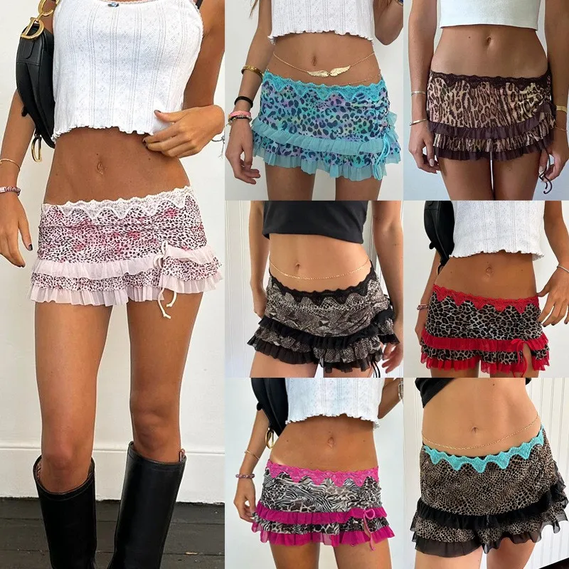 Y2k Women's Skirt Pink Ruffle Trim Mini Skirt High Waist Leopard Print Short Skirt Turquoise Wrap Skirt Zebra Print Drawstring