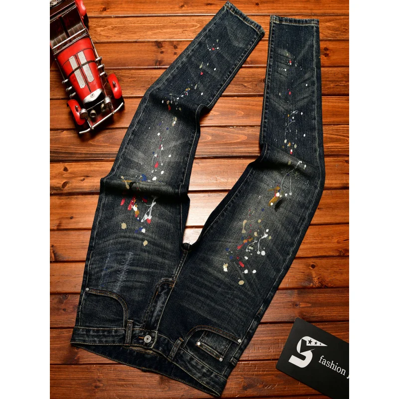 

Синие джинсы в стиле ретро, мужские модные прямые эластичные повседневные уличные ностальгические брюки с принтом краски