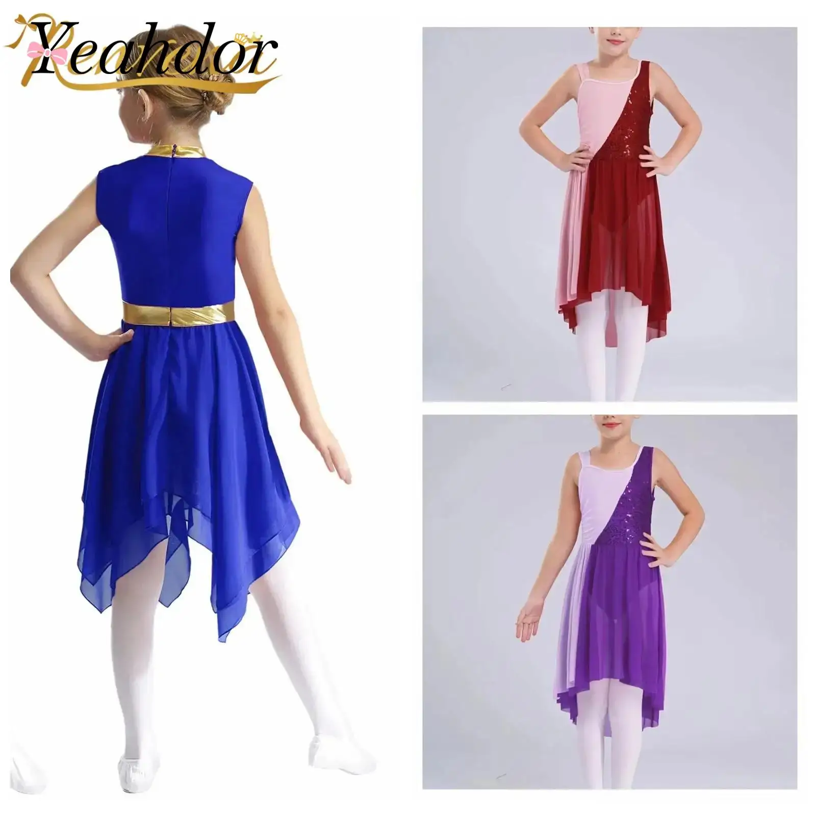 Girls Liturgical Ballroom Lyrical Dance Dress Kids Sequins Ballet Dress Kids Church Worship Robe Modern Contemporary Dancewear