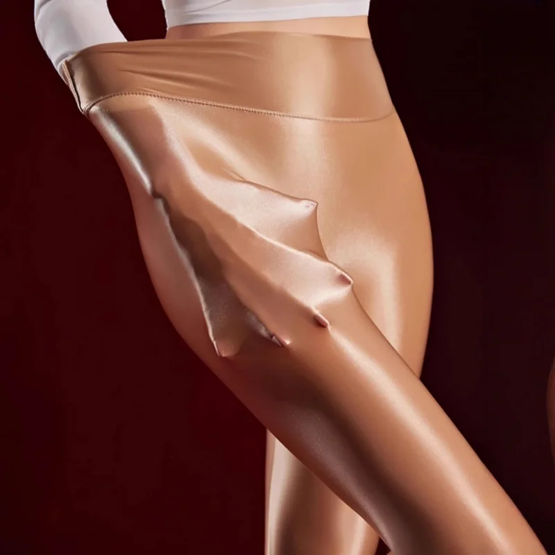 

80D Control Top High Waist Pantyhose Oil Glossy Open Crotch Pole Dance Clubwear Women Coffee Color Sexy Seamless Yoga Tights