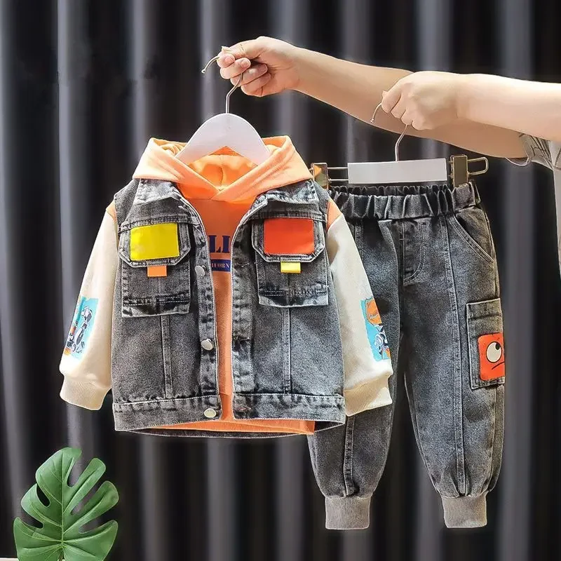 

2024 Autumn Baby Clothes Children teen Boys hooded demin jacket jean Pants 3Pcs teen Active Clothing Kids outfit 2-10 years