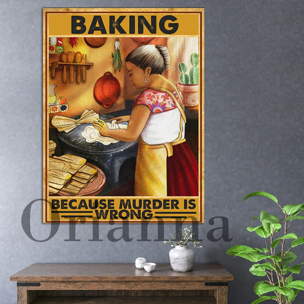 Baking Because Murder Is Wrong Canvas Paitning, Funny Baking Poster, Love Baking Vintage Poster, Baking Lovers Gift, Wall Decor