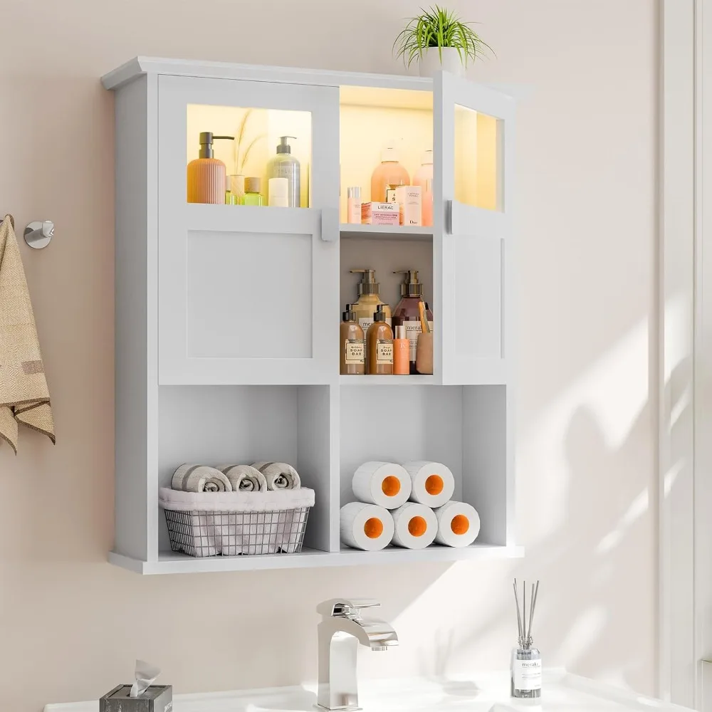 

Bathroom Wall Cabinet Wooden Medicine Cabinet with Motion Sensor LED Light, Wall Mounted Cupboard with Glass Doors