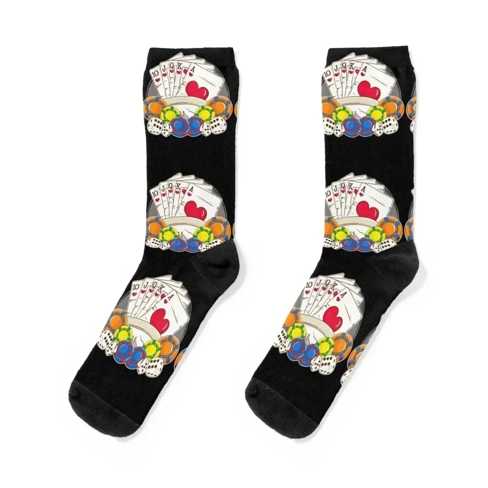 Royal Flush Casino Poker Player French Cards Chips Cubes Lucky Gambler Socks ankle Sports Socks Women's Men's