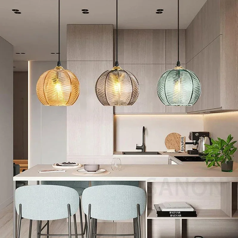 

Nordic Striped Glass Chandelier Modern Kitchen Island Pendant Light for Dining Room Bedside Home Decor Hanging Ceiling Lamps