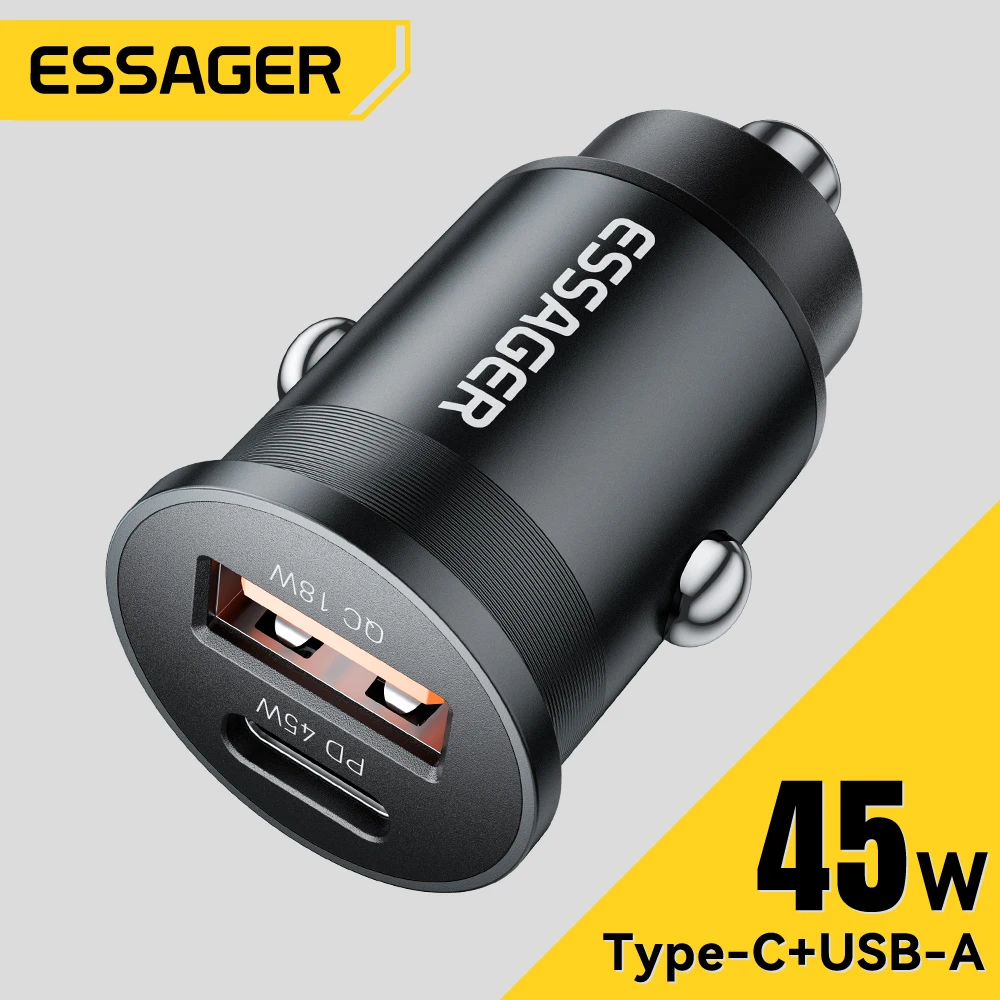 מטען רכב מיני Essager 45W עם USB-C ו-USB, תומך בטעינה מהירה QC/PD/SCP/AFC