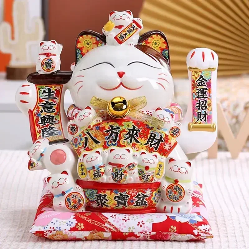 Ceramic Lucky Cat Maneki Neko Waving Hand Cat Battery Powered Fortune Statue Gift Accessories Kawaii Home Room Cat Decoration