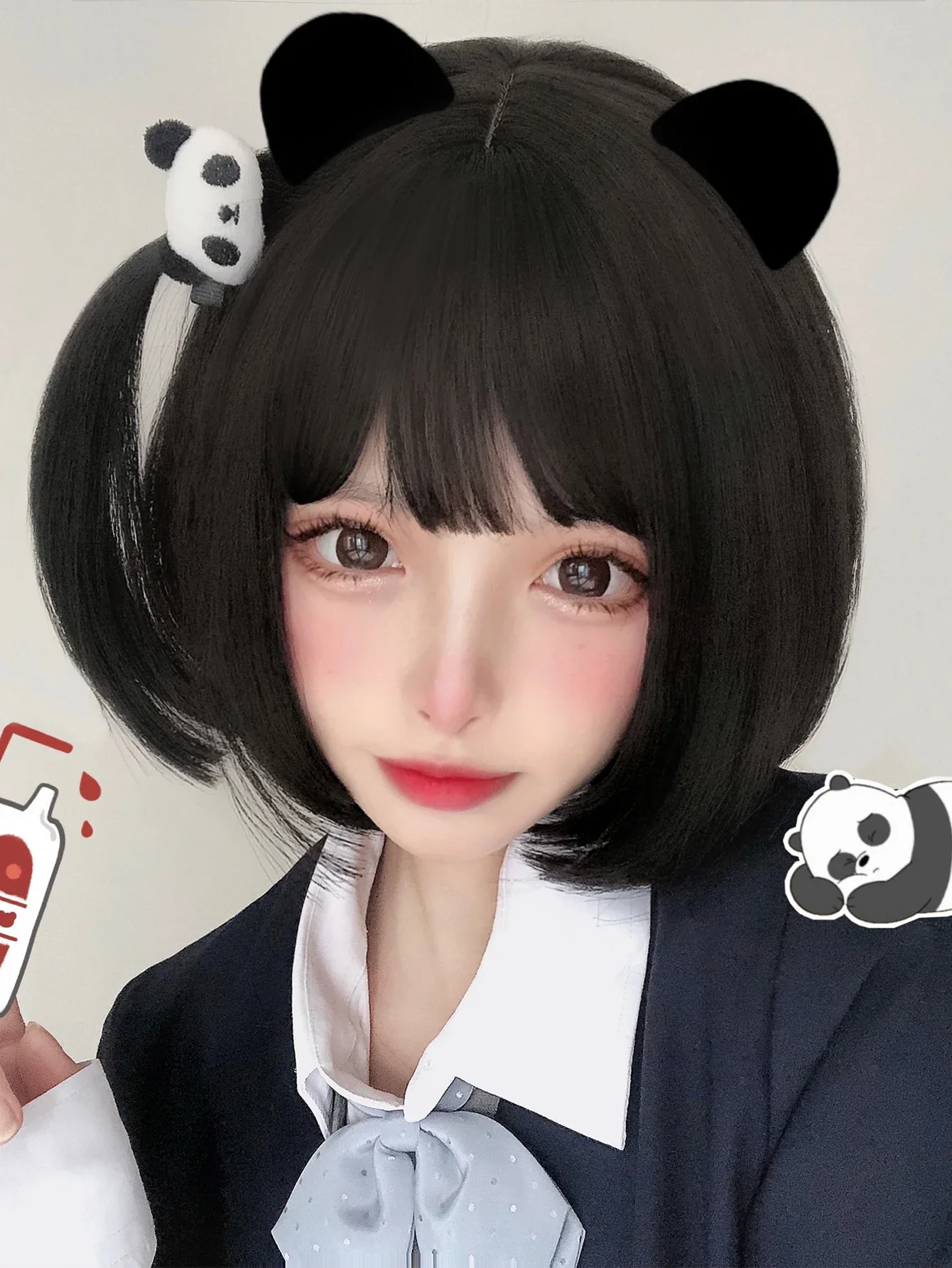 Perucas sintéticas com estrondo para mulheres, cabelo liso natural curto, cor preta, uso diário, cosplay, resistente ao calor, 12 polegadas
