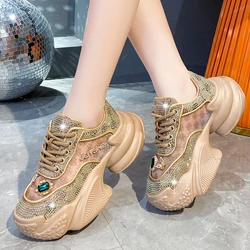 2024 Luxury Designer Women Daddy Rhinestone Sneakers Thick Bottoms Mesh Pink Sweet Ladies Tenis Platform Shoes Spring Autumn