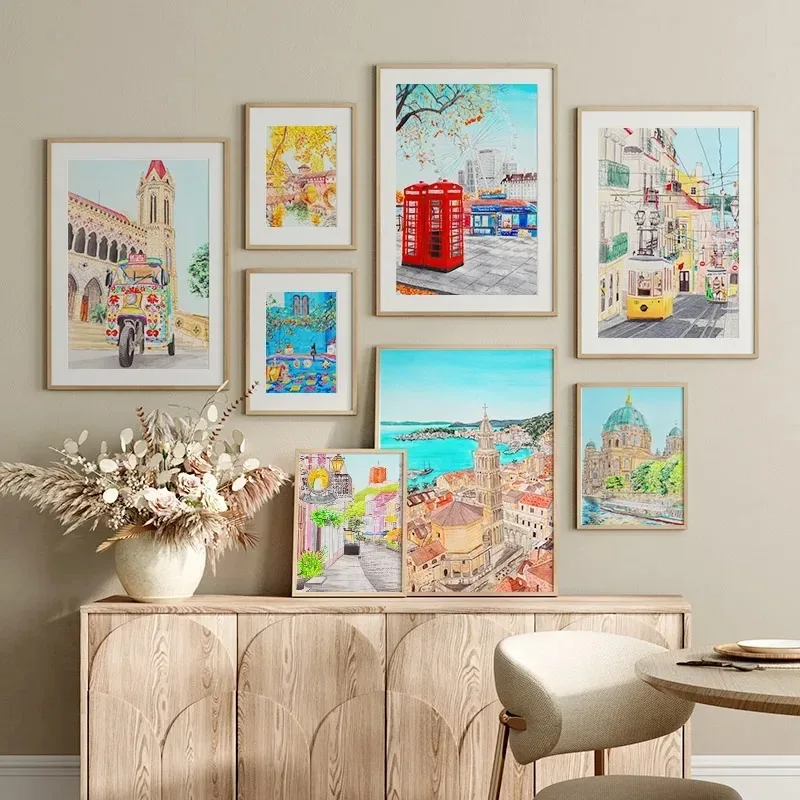 Colorful London Karachi Cityscape Travel Gift Wall Art Posters Minimalist Print Canvas Painting for Living Room Home Decor